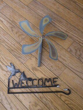 Vintage Rustic Yard Garden Décor Metal Job Lot Wind Spinner & Welcome Sign